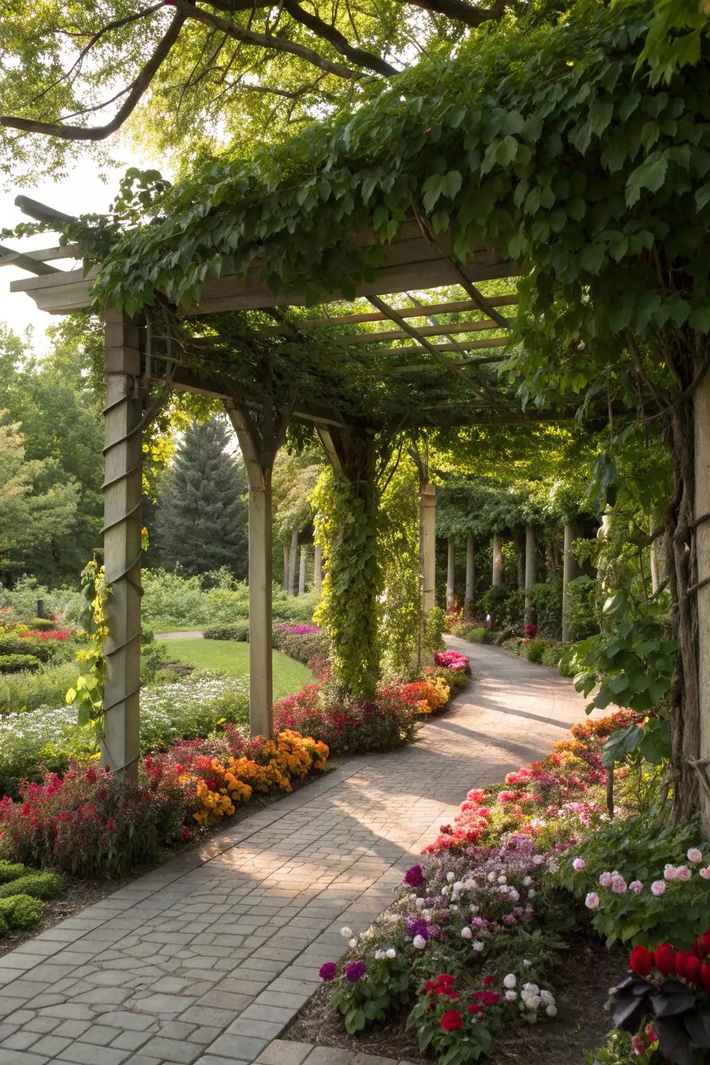 A pergola adorned with climbing vines within a lively garden.