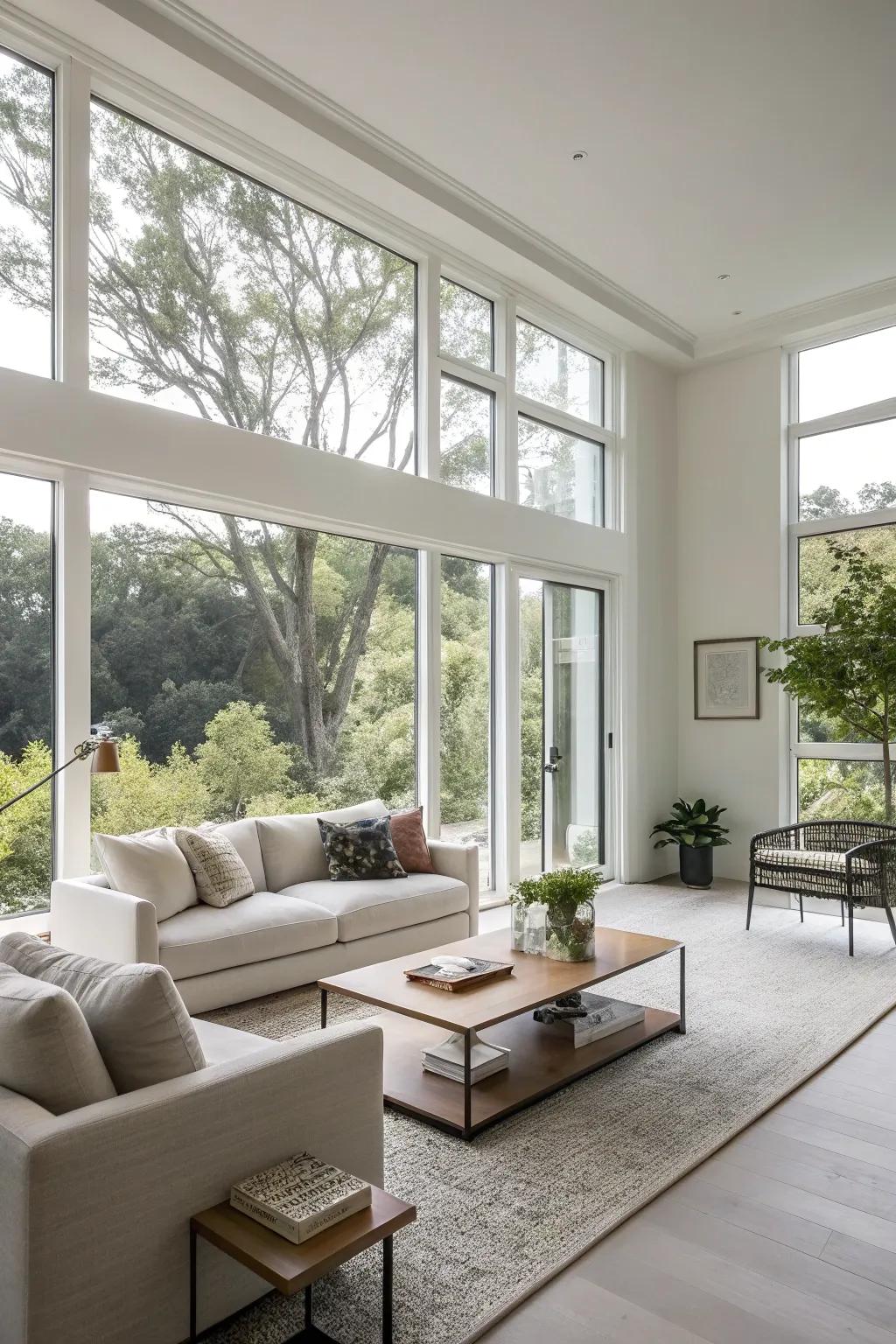 A contemporary family room featuring minimalist window frames that accentuate the view.