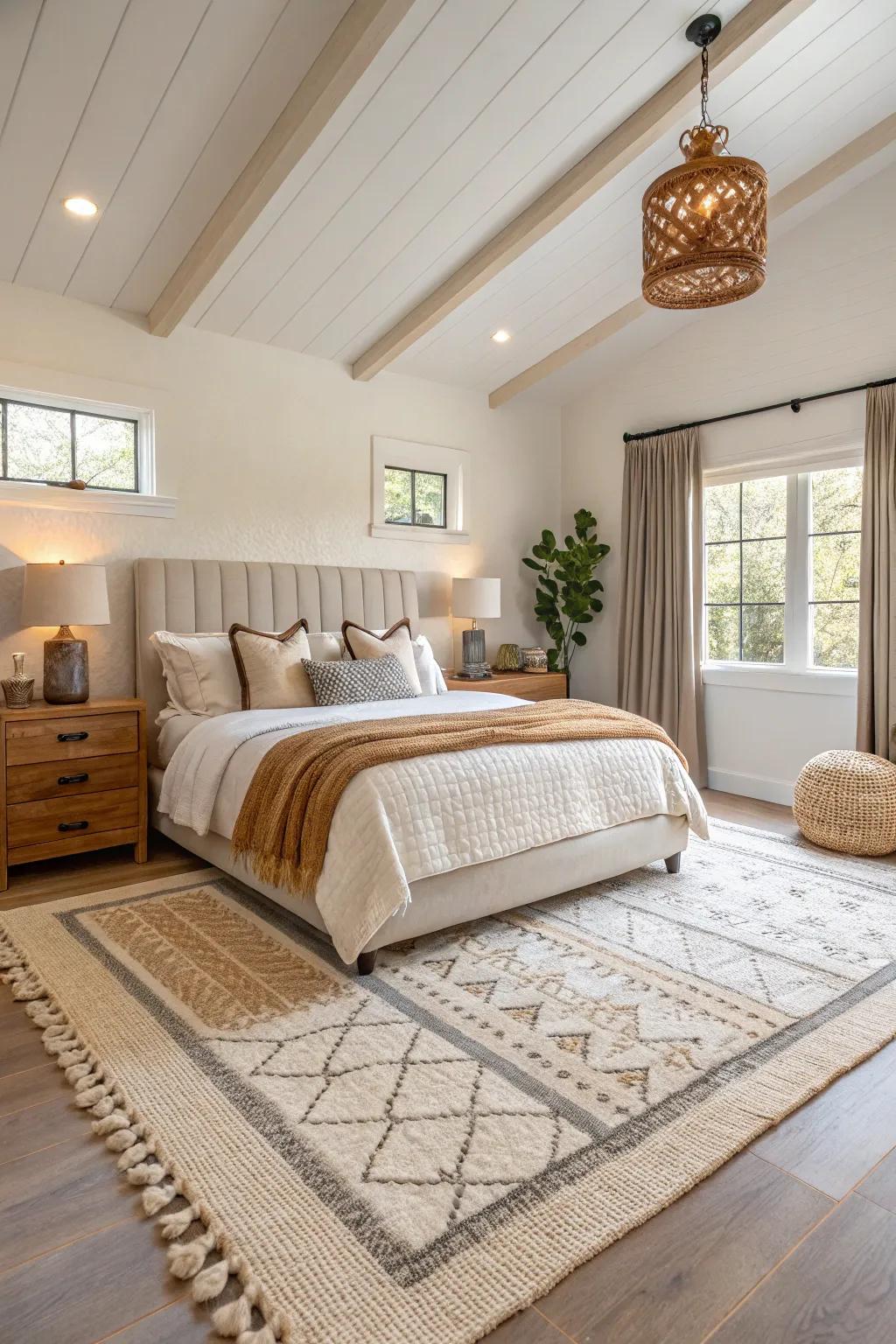 Layered floor coverings help to mark spots and add texture to the room.