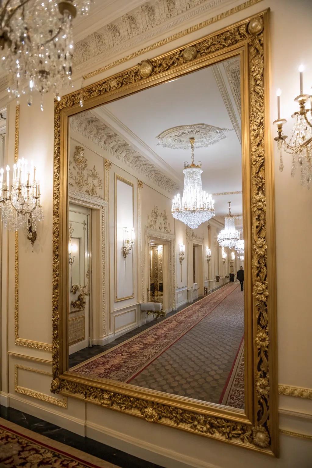An ornamental casing imparts an aura of extravagance to this corridor reflector.