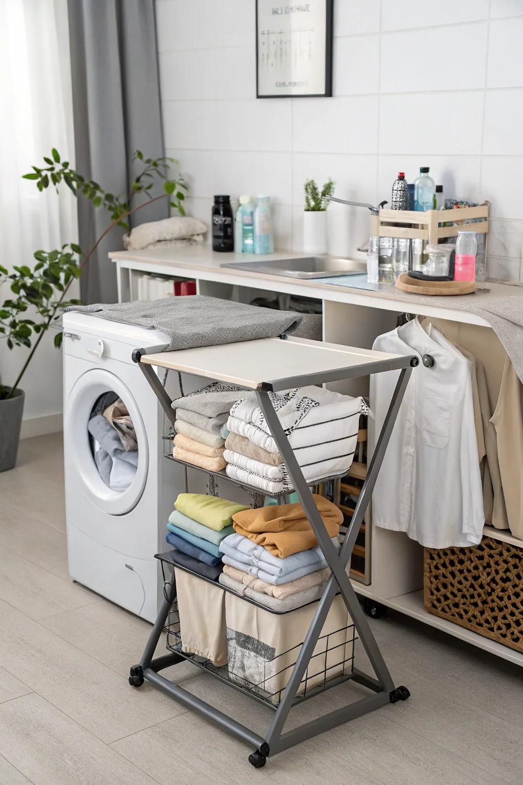 A folding table with built-in storage for added convenience.