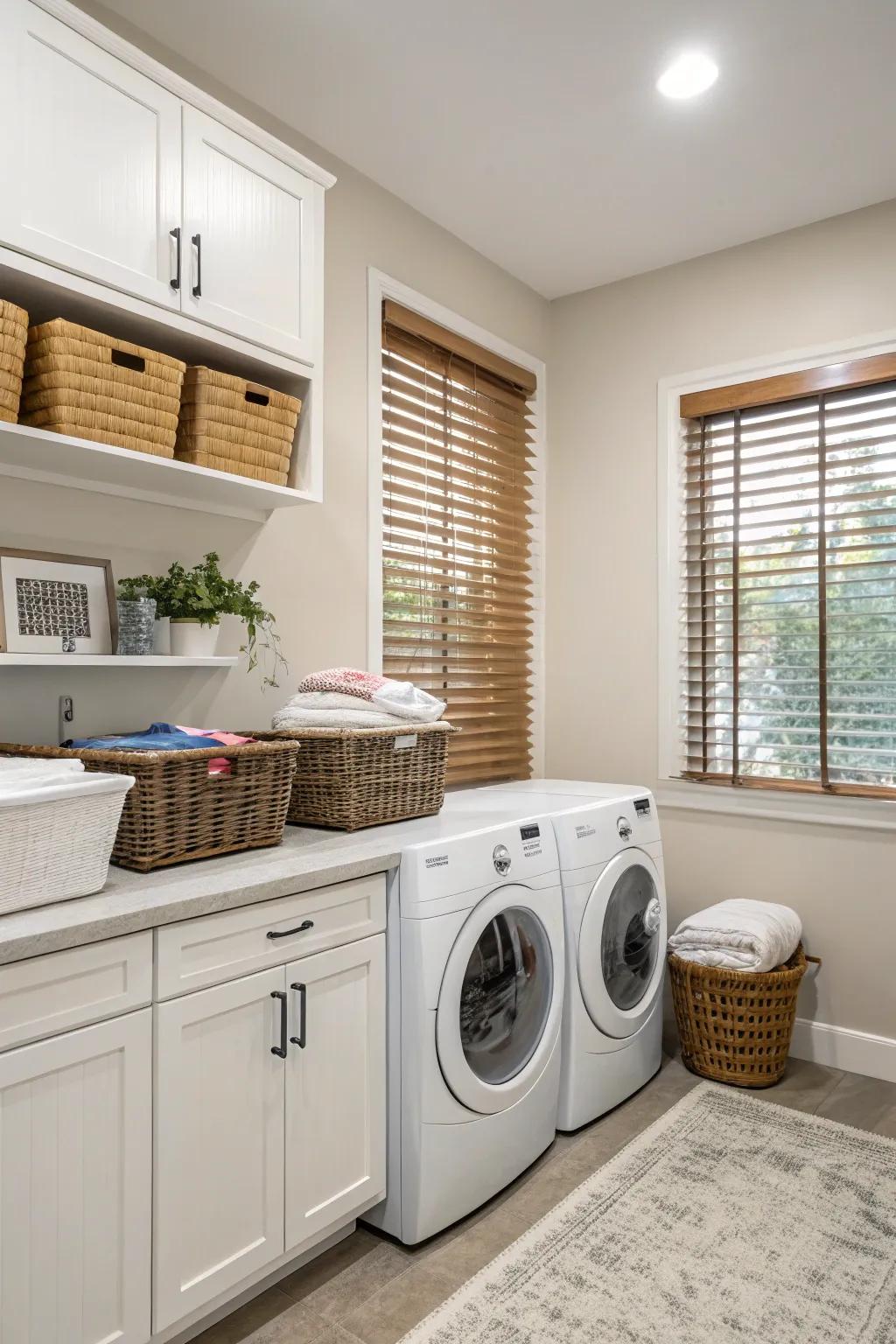 Synthetic wood blinds combine durability and style.