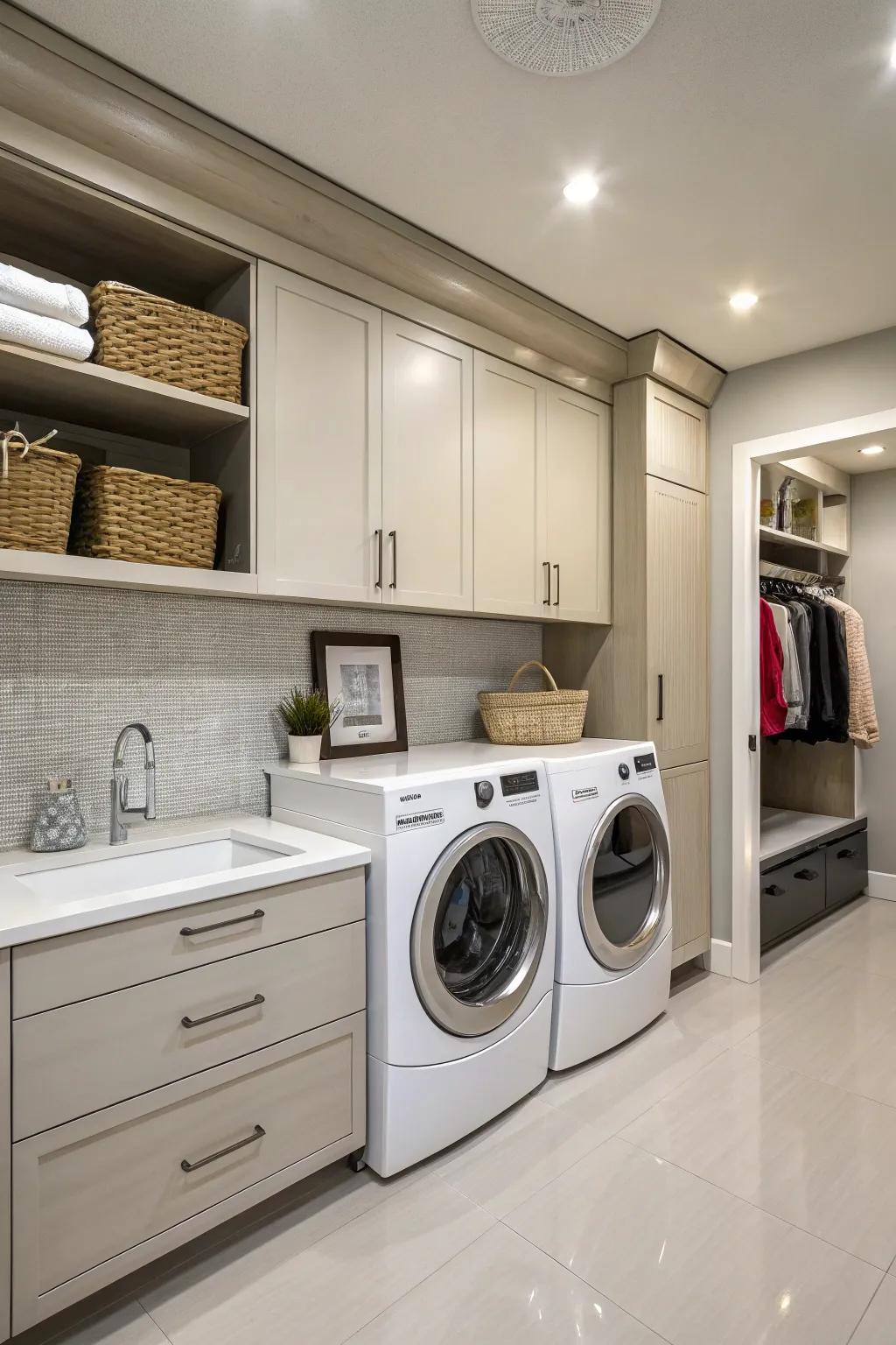Tasteful cabinets impart sophistication to your washing space.