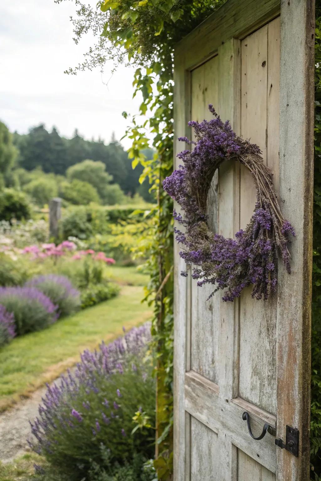 An eye-catching lavender wreath ornamenting an entrance.