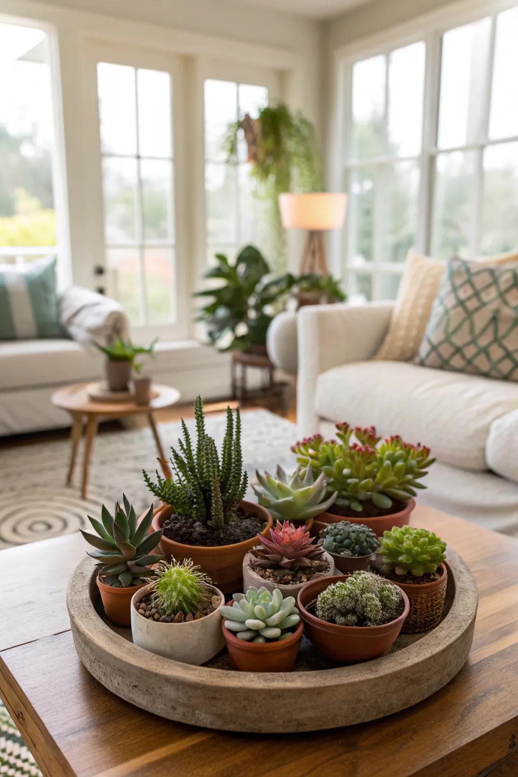 A lazy Susan exhibiting a dynamic array of petite greens and succulents.