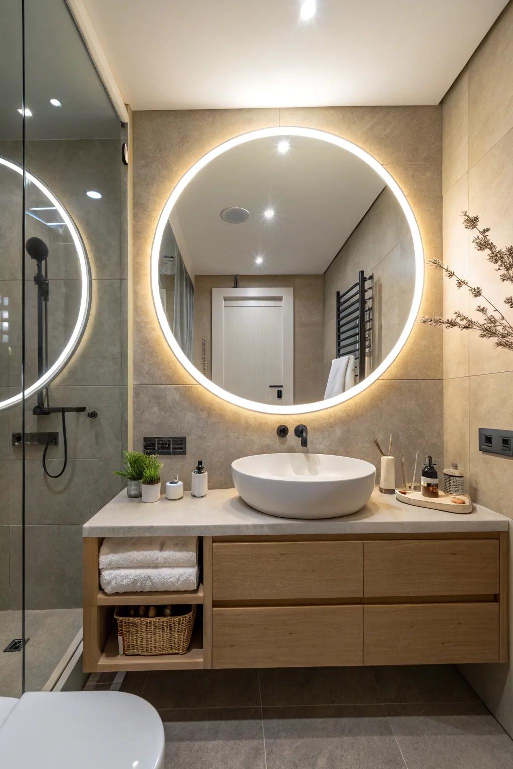 A circular illuminated reflection incorporating a sense of balance to the washroom.