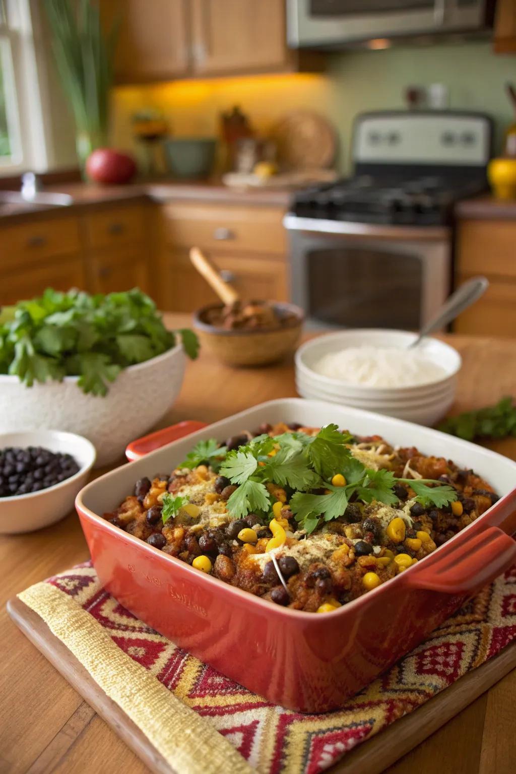 A Southwestern turkey casserole makes the dining table festive.