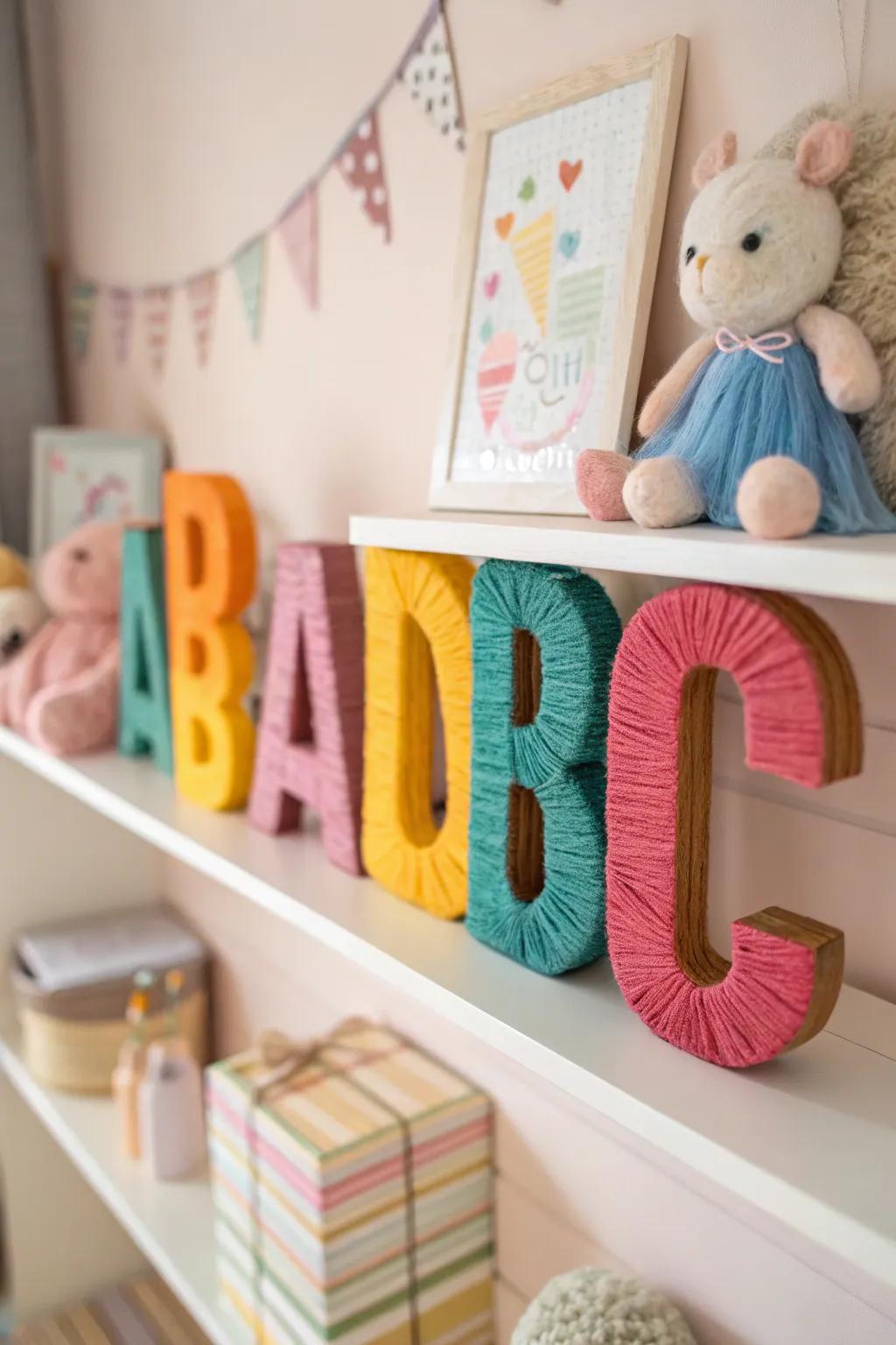 Yarn-covered letters introducing a cozy touch to a room.