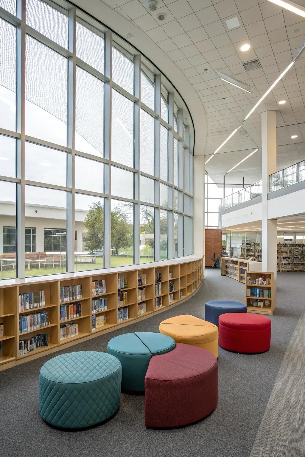 Adaptable seating featuring modular couches and cushions for a flexible library area.