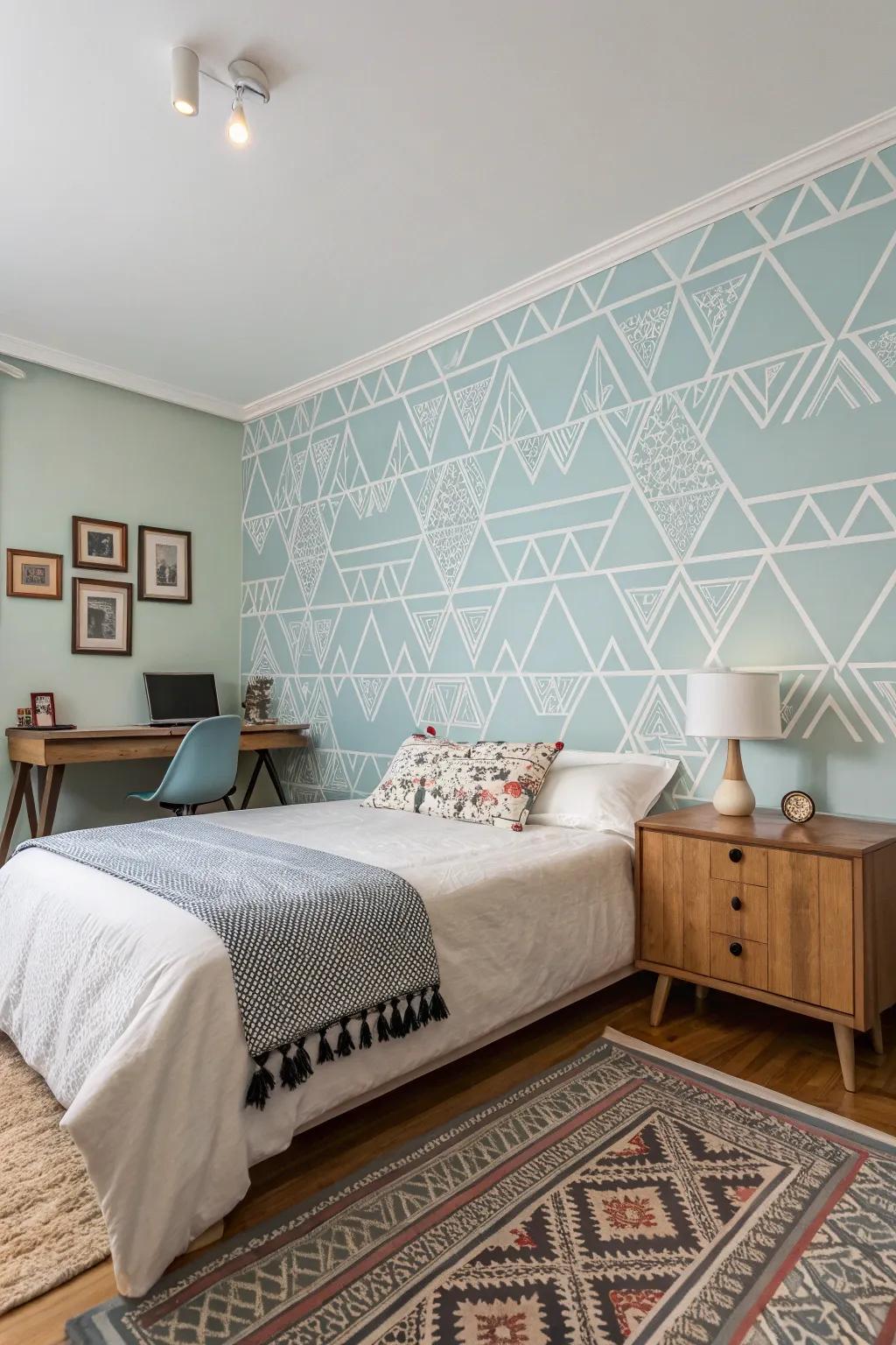 A bedroom showcases a geometric light blue accent wall, creating a striking focal point.