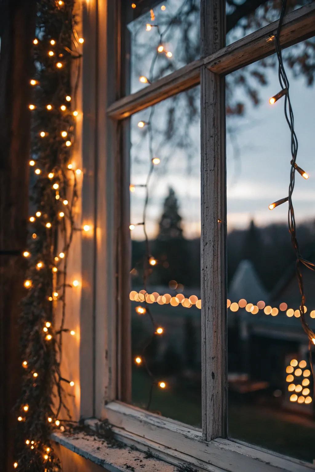 Windows enveloped in lights, creating a welcoming, dreamlike atmosphere.