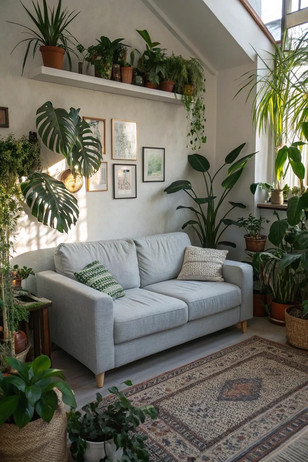 Indoor plants contribute freshness and vibrancy to an area featuring a muted stone sofa.