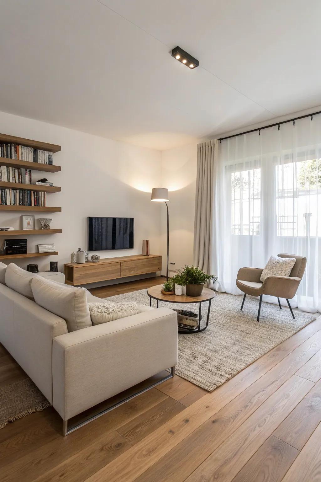 A modern minimalist living room featuring light wood floors that emphasize simplicity and elegance.