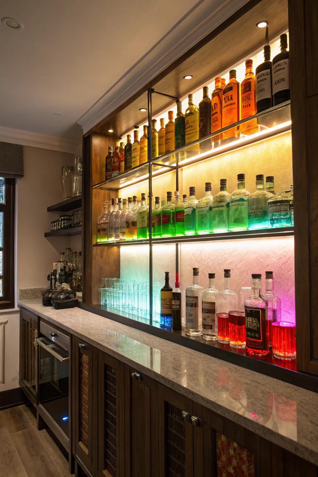 Striking backlit liquor shelves.