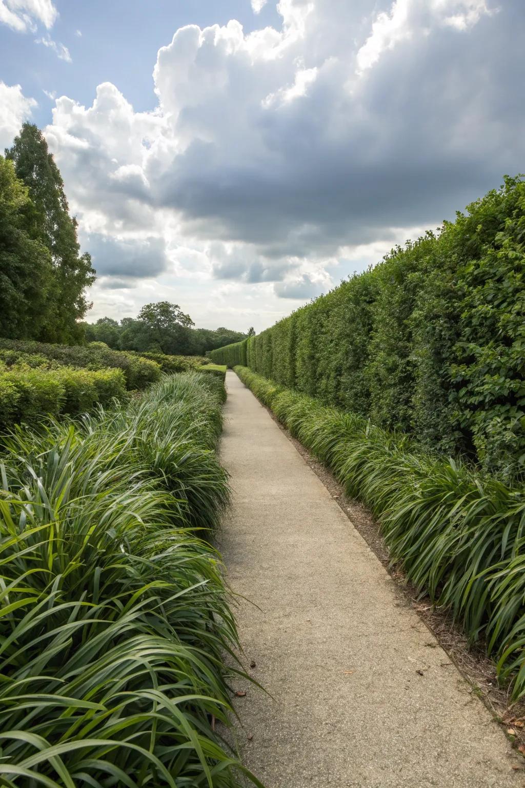 A garden pathway framed by the lush greenery of liriope.