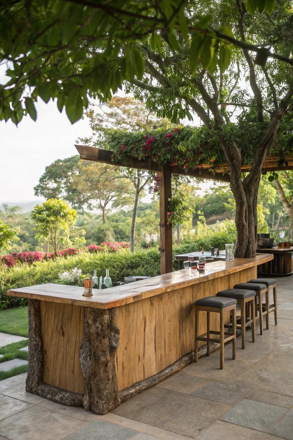 An outside live edge bar set alongside abundant vegetation, ideal for social gatherings.