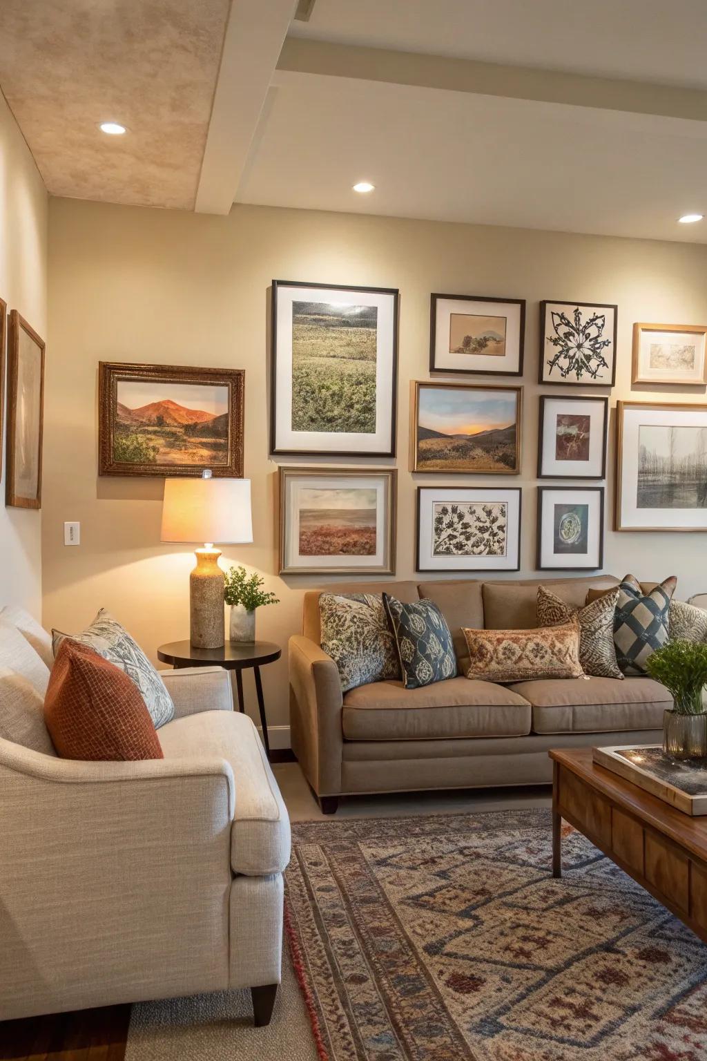 A gallery wall acts as a personalized and active focus in this living area.