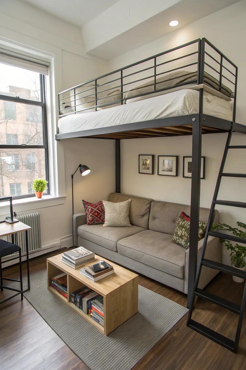Space-saving furniture, like an elevated sleeping platform, maximizes vertical space.