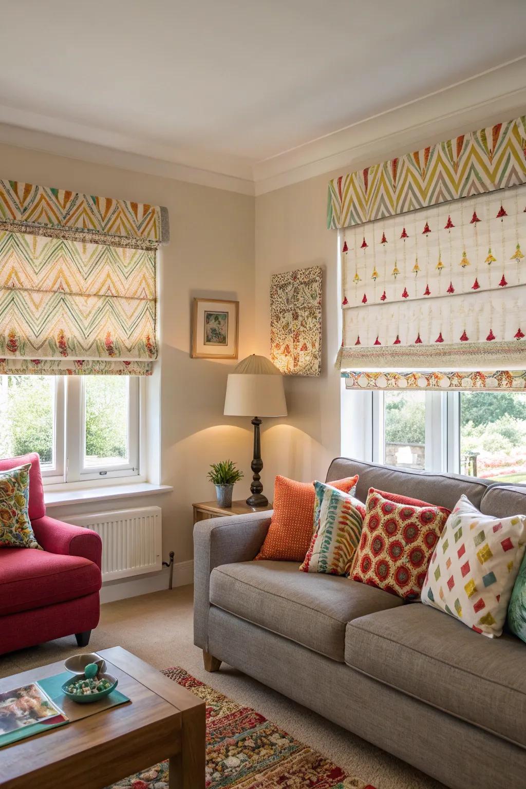 Patterned Roman shades add a splash of color.