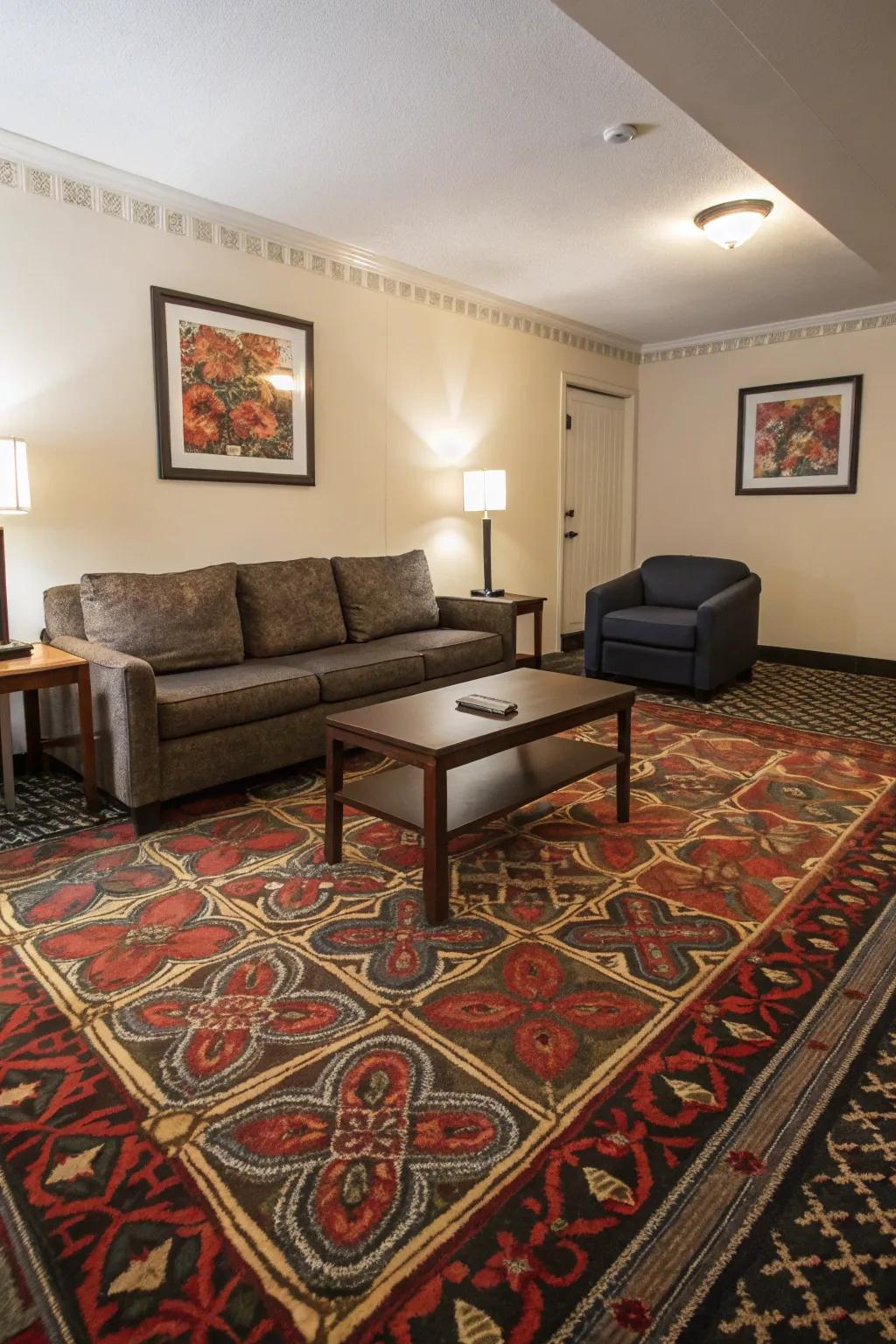 A striking floor covering can function as an engaging point of focus.