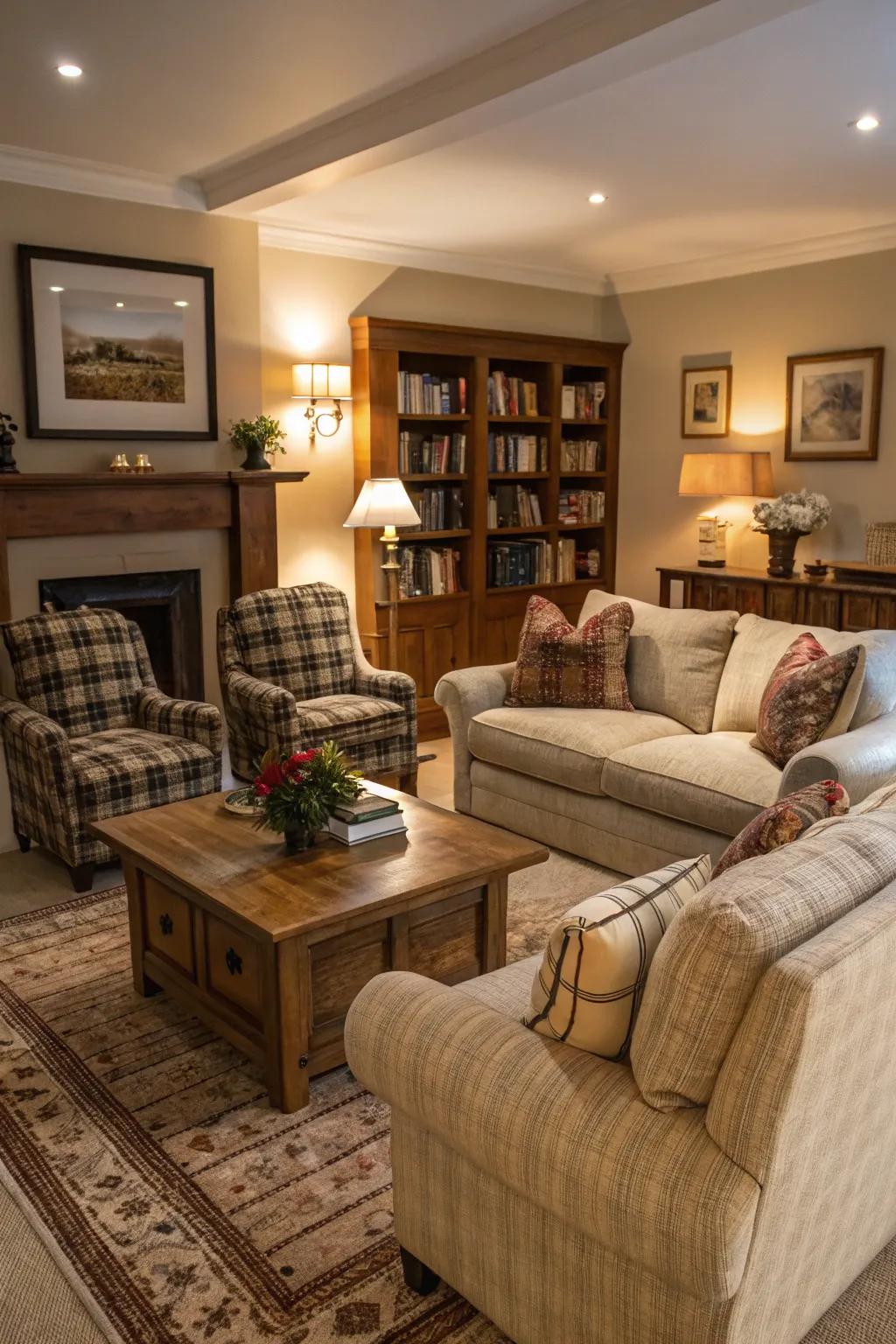 Comfortable lounge spot choices in a cozy living room arrangement.