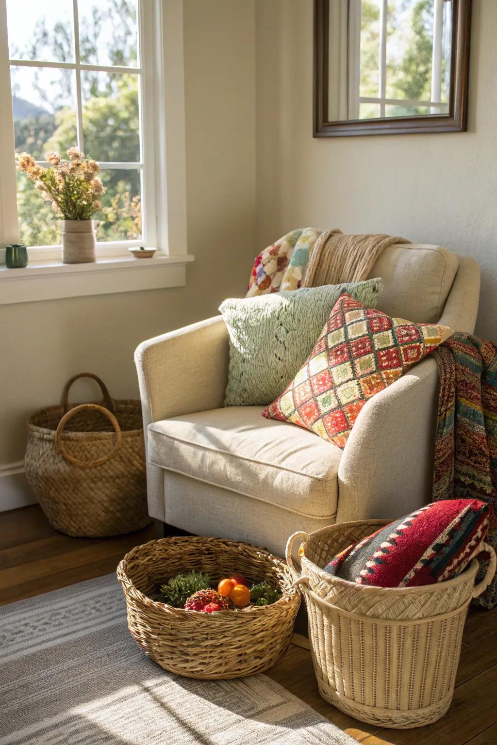 Braided textures enhance both the warmth and utility of the decor.