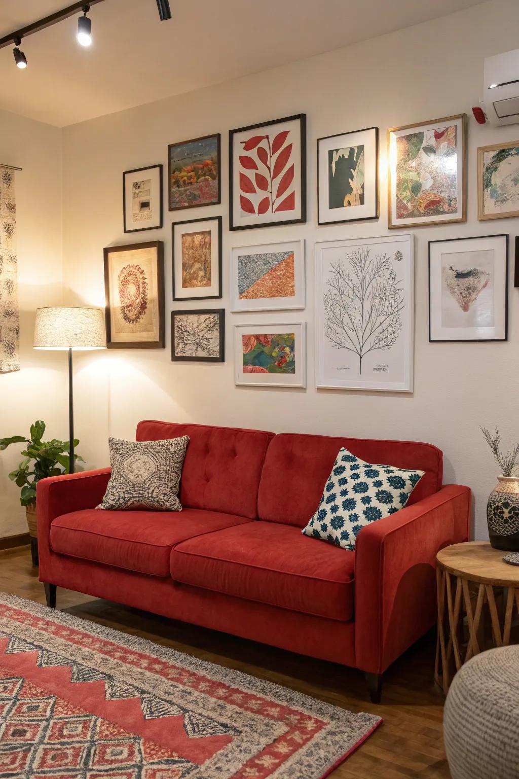 Artwork gives depth and enhances the striking statement made by a crimson sofa.