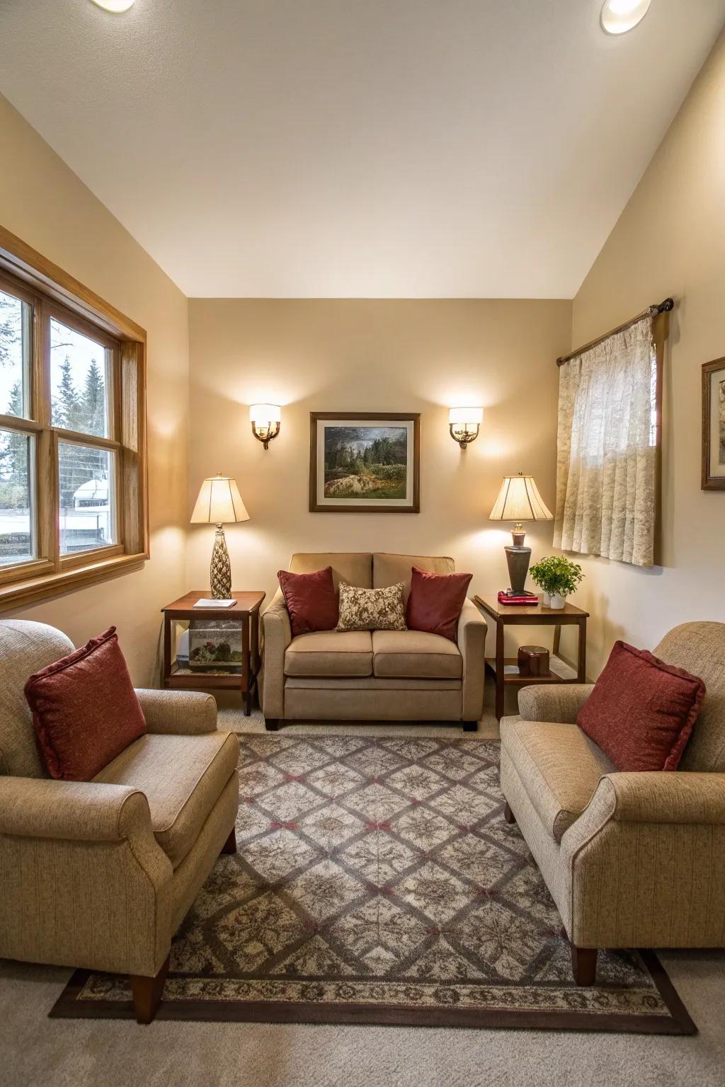 An efficient lounge design featuring chairs on either side of a main couch.