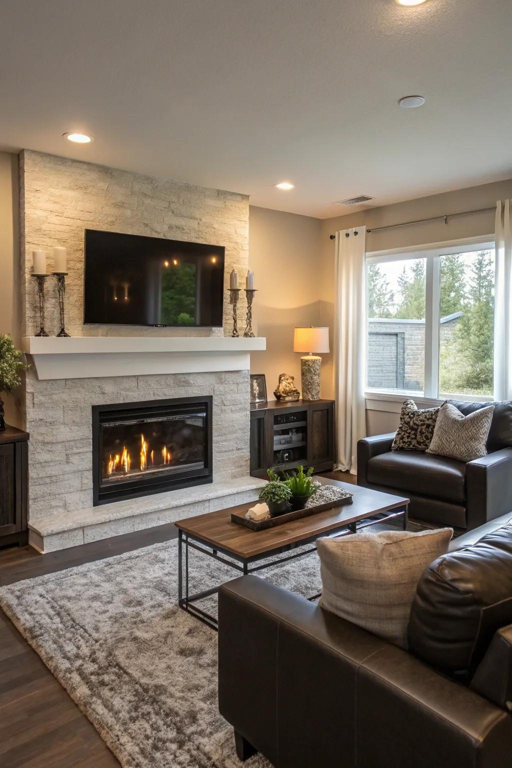 A dual focal point living room featuring a fireplace and a TV.