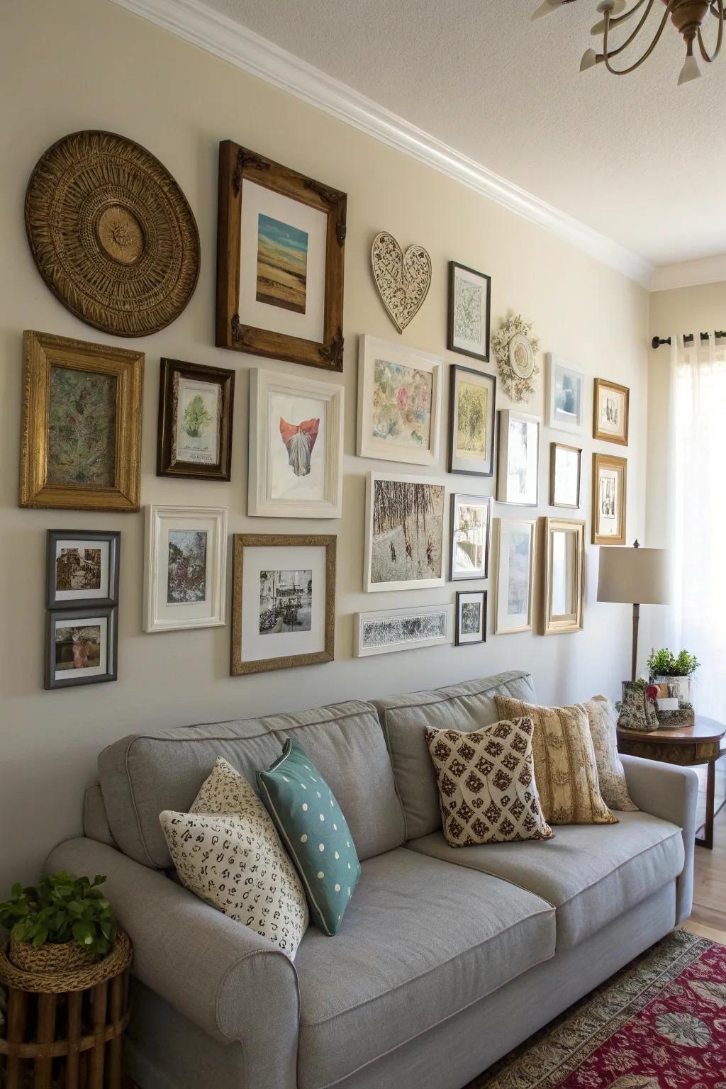 Generate visual intrigue using an irregular photograph arrangement configuration.