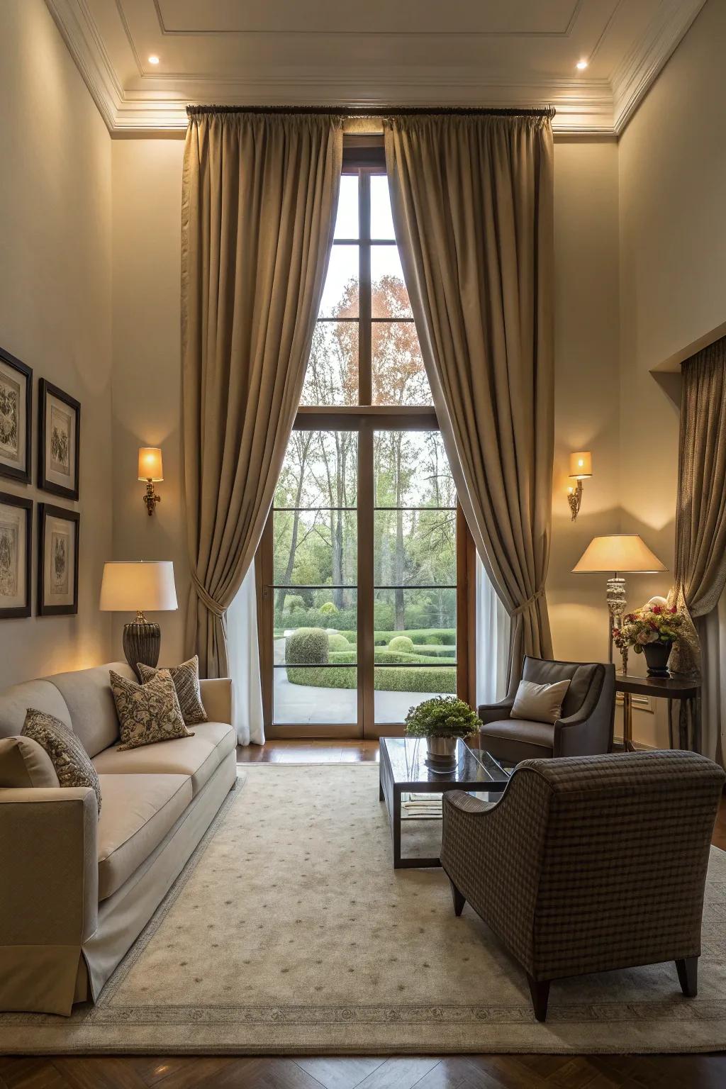 Create a stylish appearance with striking, long curtains for your picture windows.
