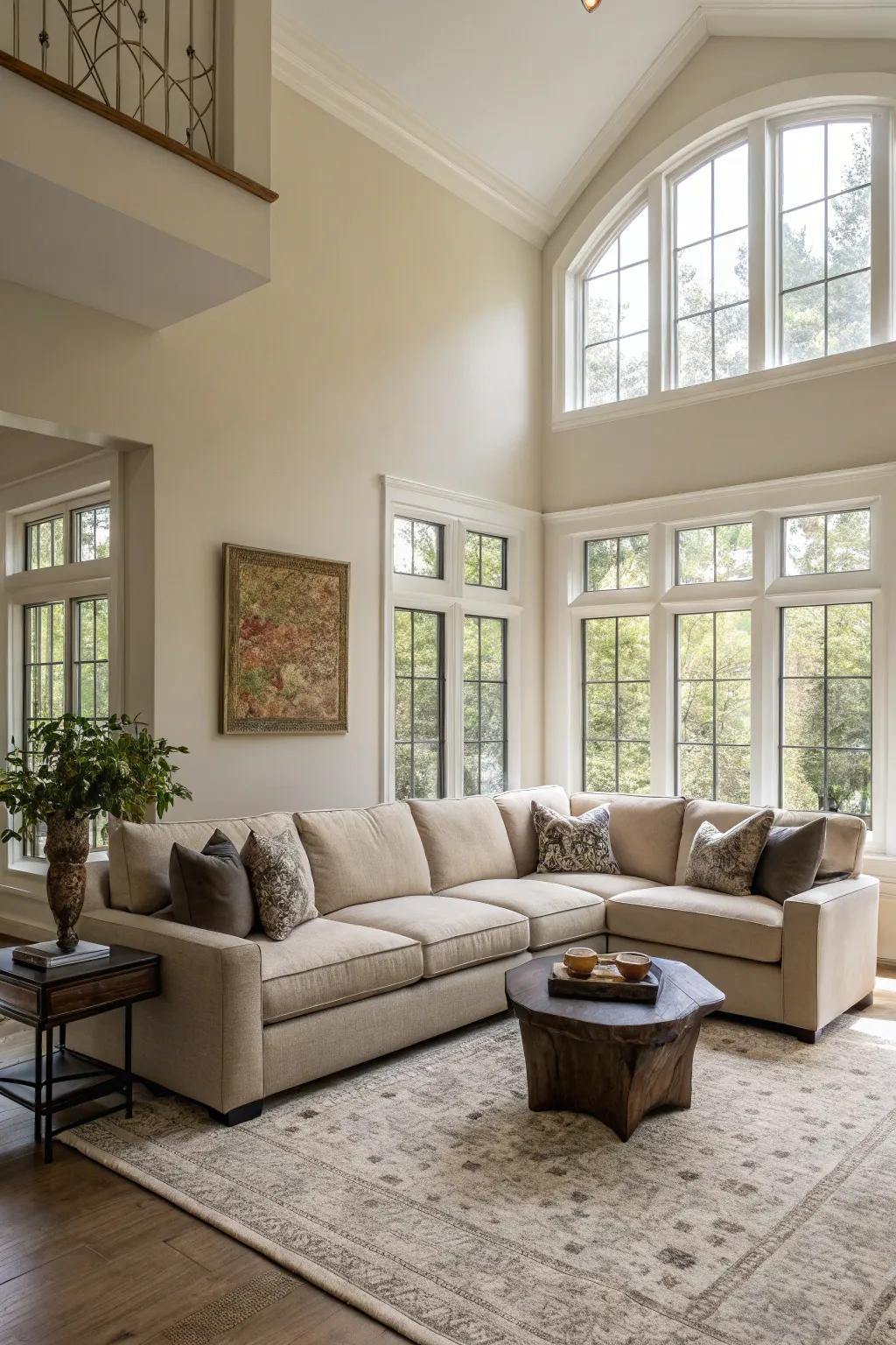 Floating sectionals create a sense of space and openness.
