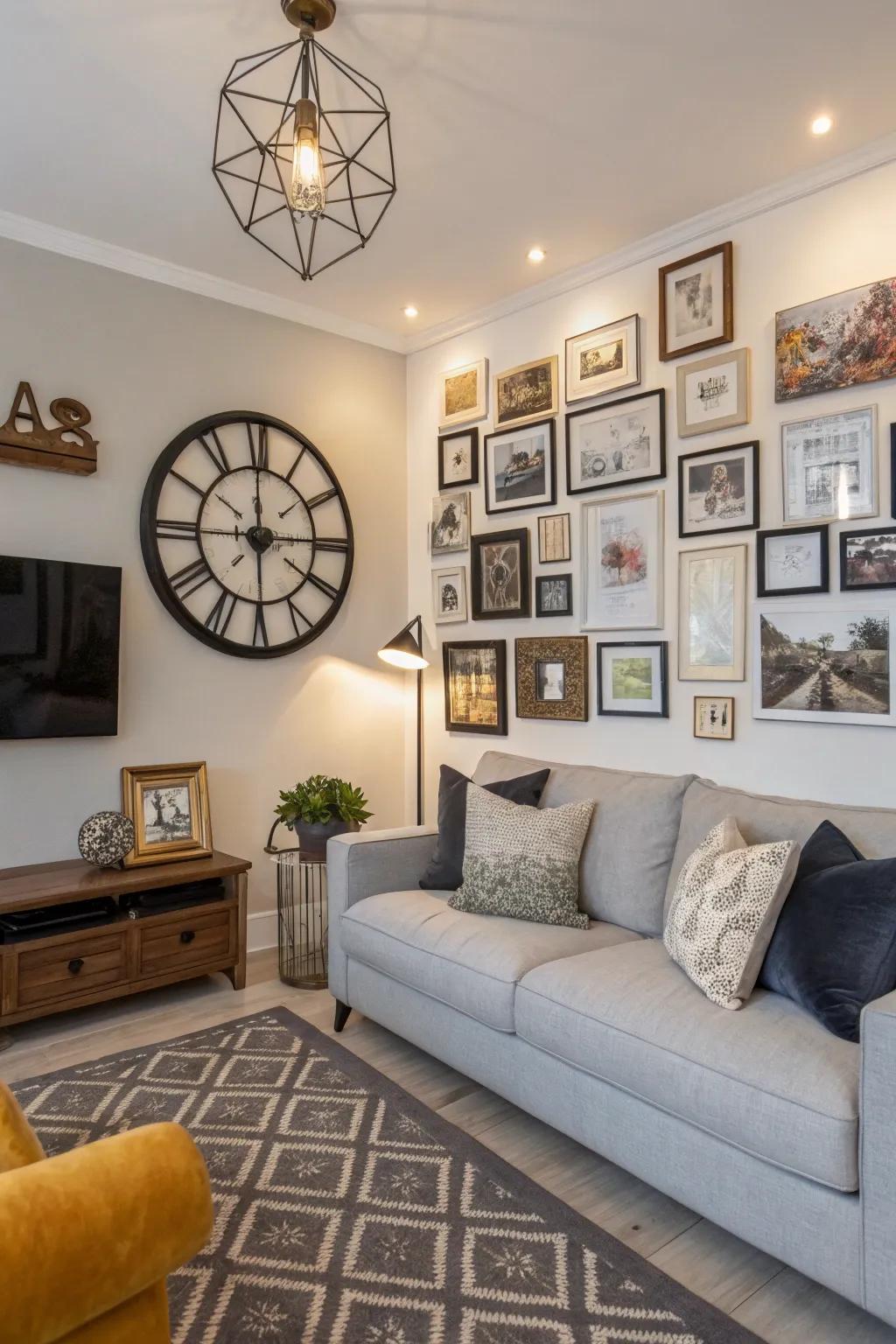 A curated wall featuring a wall clock evolves into an artistic focal point.