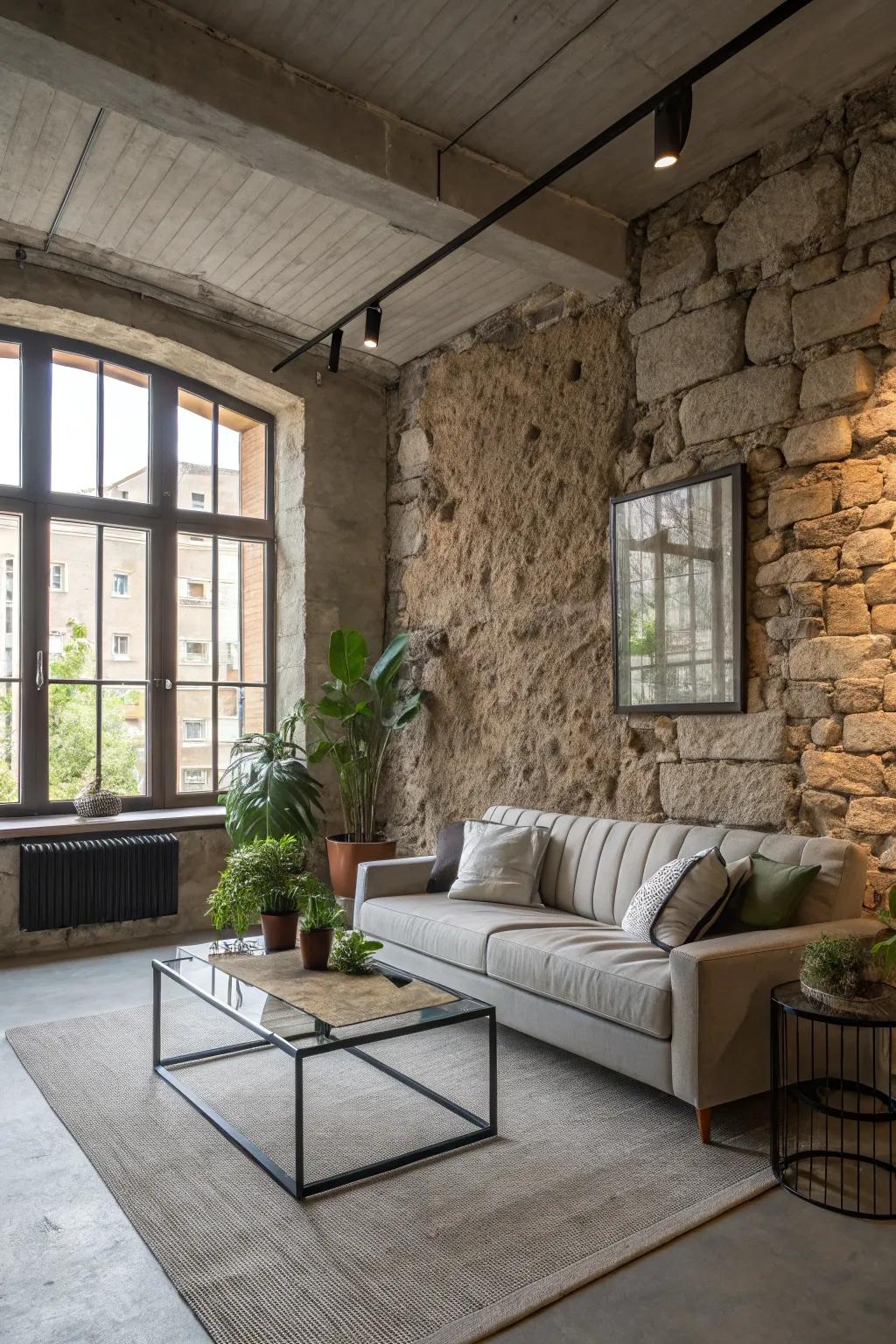 Stone and cement contribute a sleek and industrial allure.