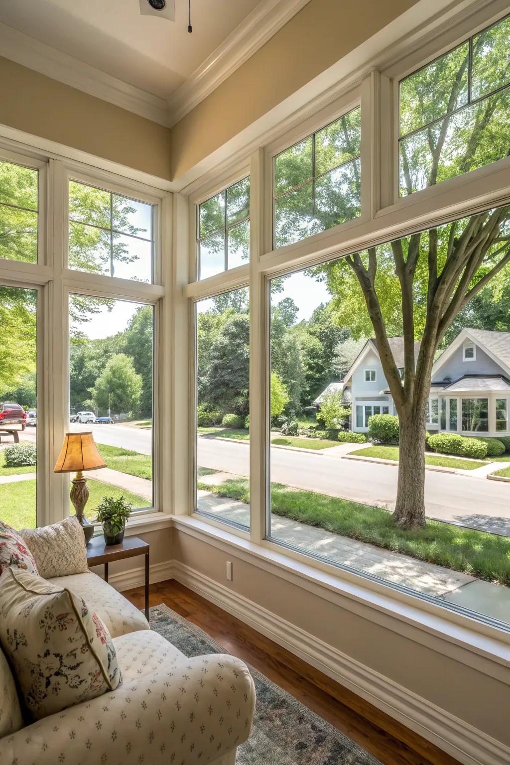 A family room featuring casement windows welcomes natural light and a cool breeze.