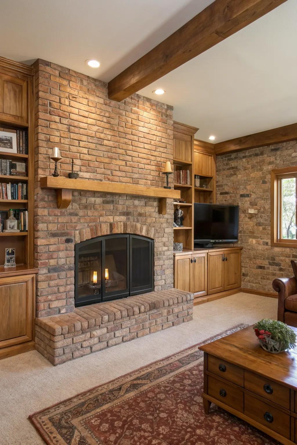 A living room showcasing a brick fireplace complemented by natural wood accents.