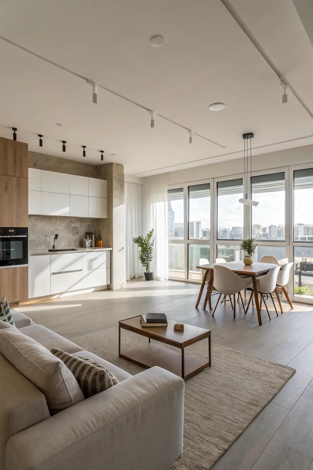 A streamlined living room with kitchen showcasing an understated color scheme.