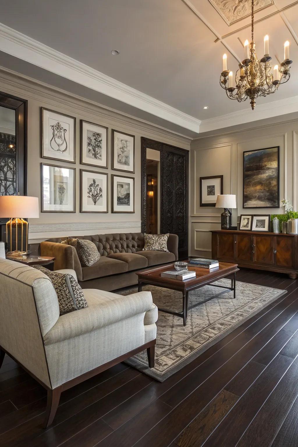 A blend of modern and classic elements enhances dark wood floors.