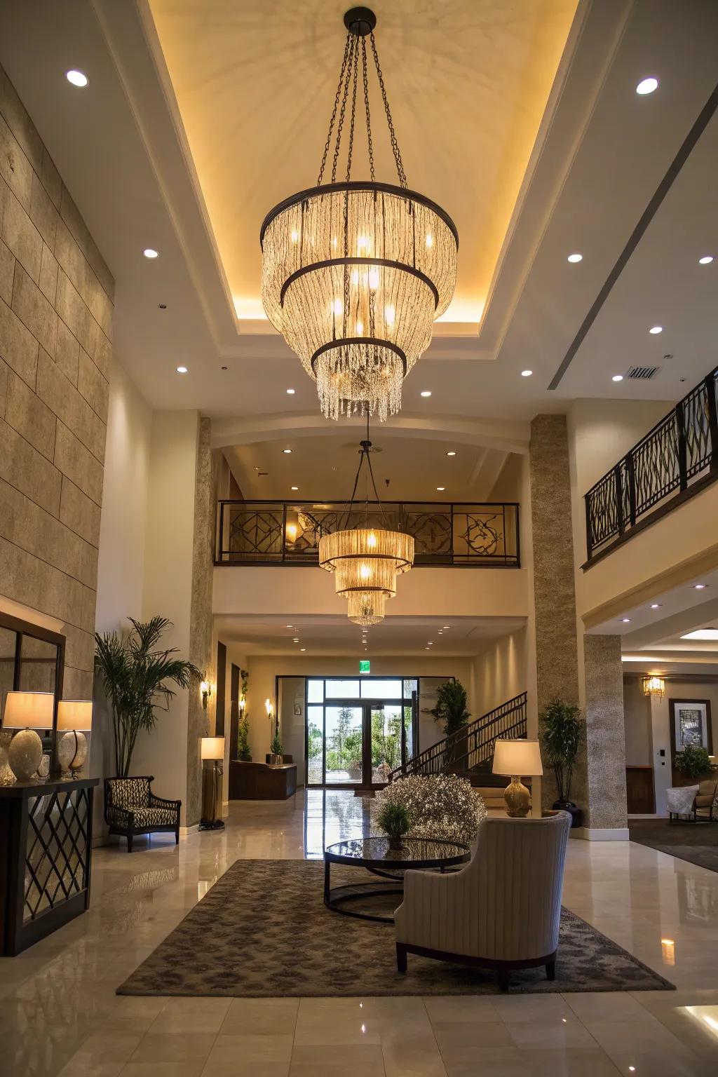 An entrance hall illuminated by an artistic chandelier