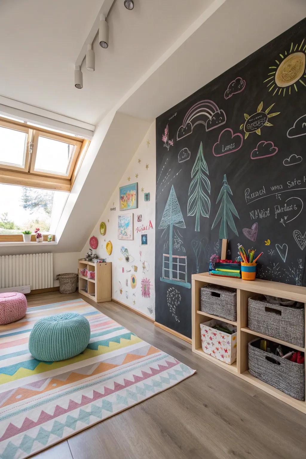 A chalkboard wall for artistic expression and learning.