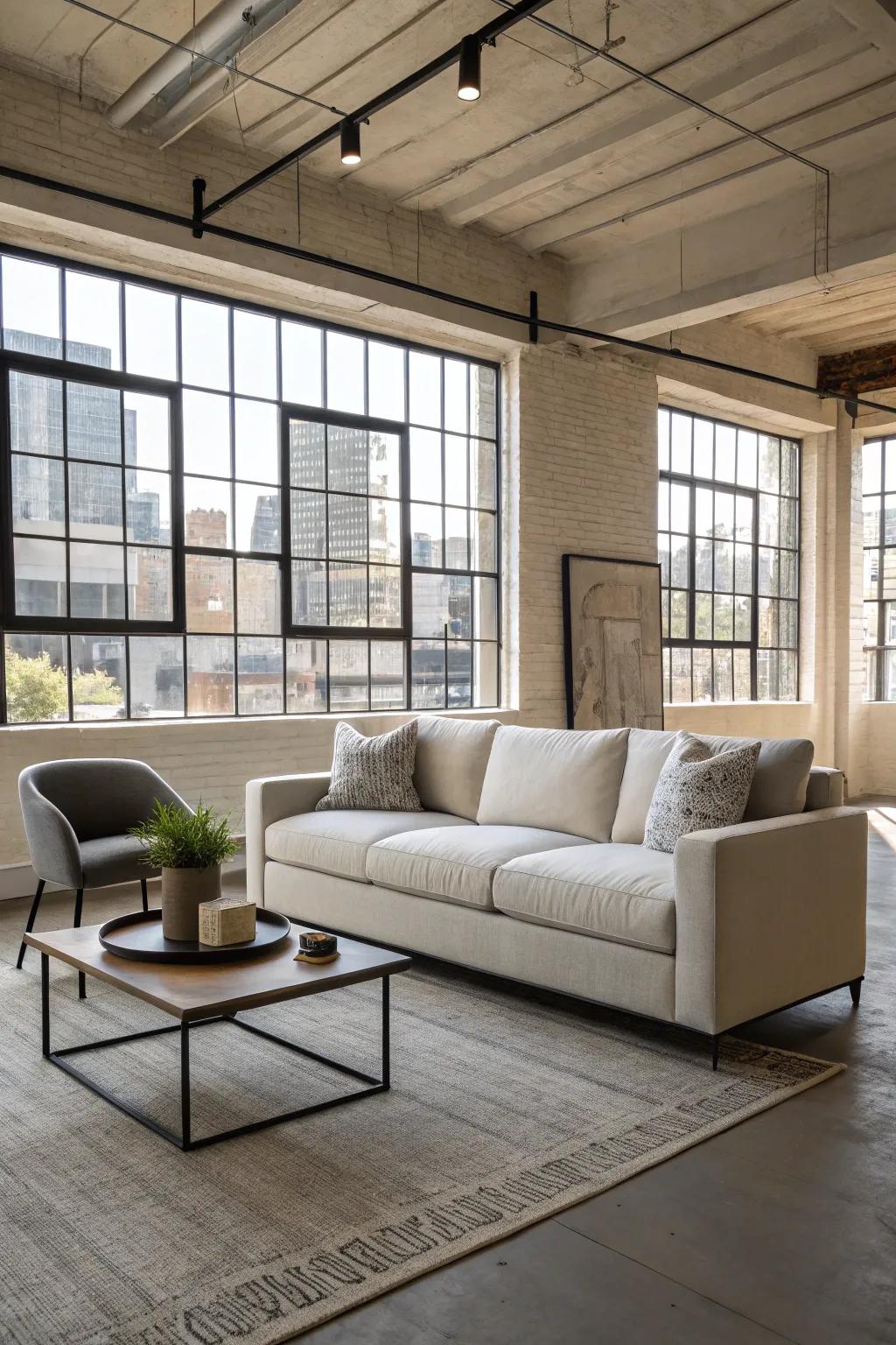 Furniture choices that inject a sense of refinement and comfort into a loft.