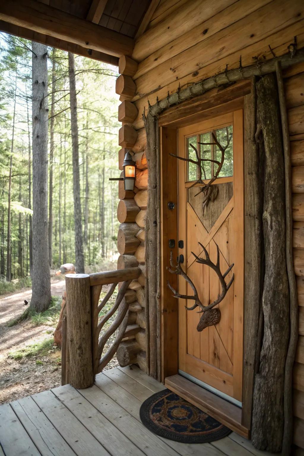 A log cabin door styled with tree limbs and horns as part of the layout.