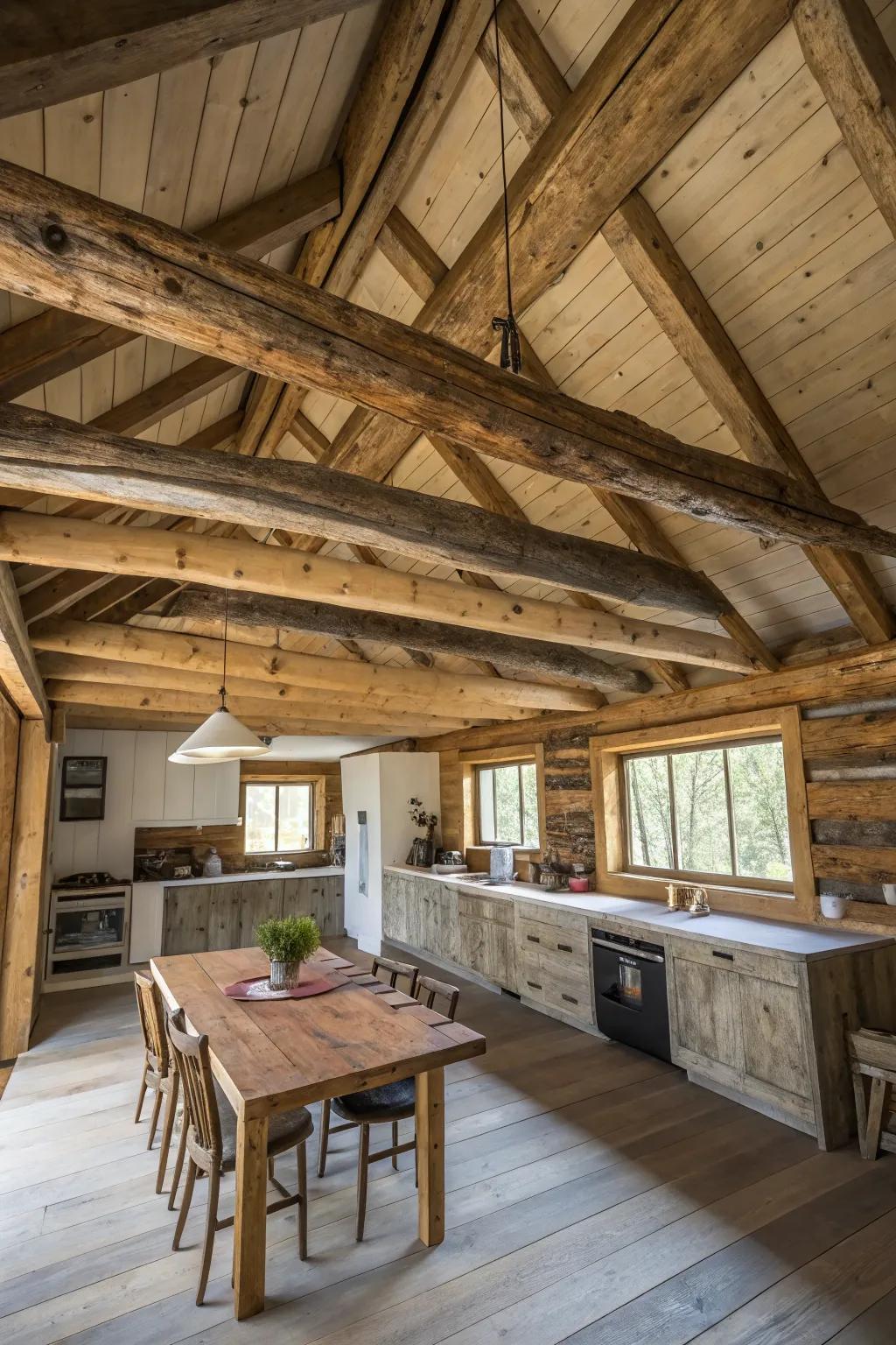 A generously spaced log cabin cooking area distinguished by striking visible wooden joists.