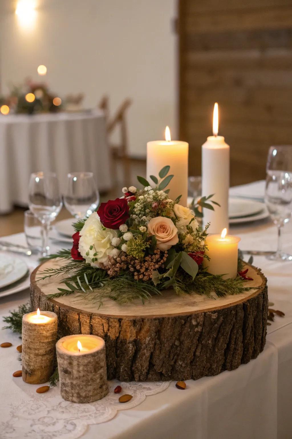 A dining table decorated with a natural log centerpiece.