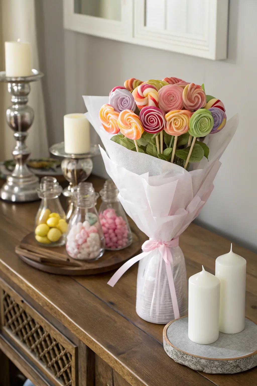Sophisticated candy pop posy enclosed in fine paper