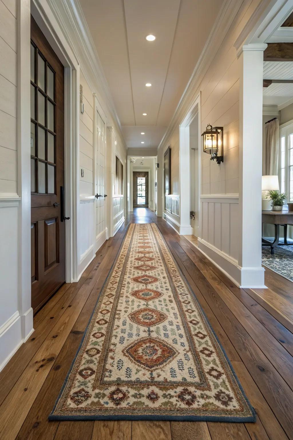 A patterned runner rug adds warmth and direction to a lengthy entryway.