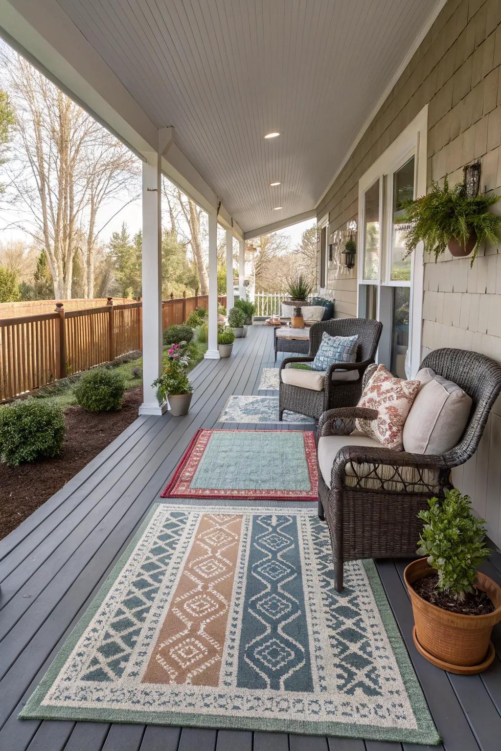 Exterior floor coverings assist in delineating spaces and warming up a wide porch.