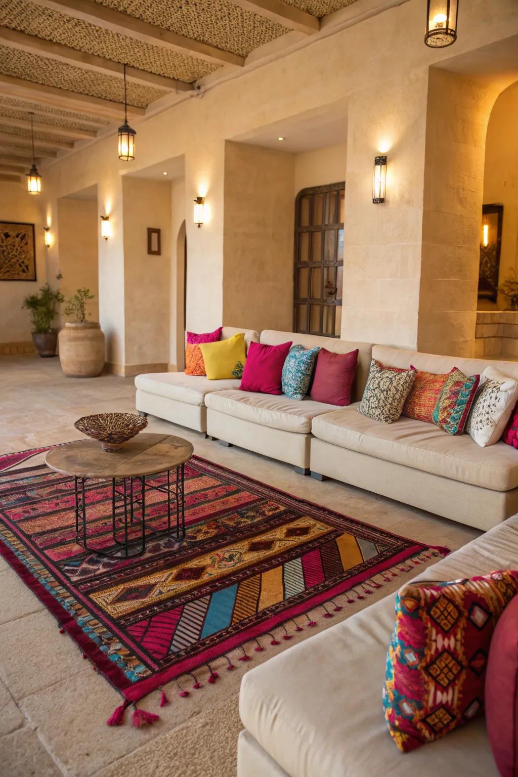 Bright accents breathe vitality into a subdued lounge arrangement.