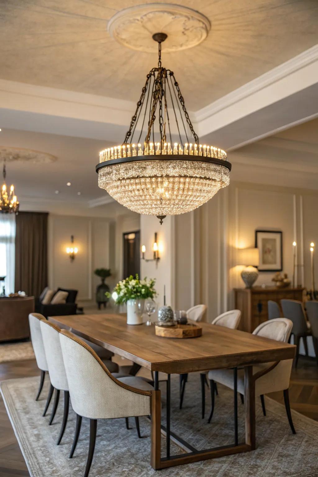 A refined, low-profile chandelier graces a dining room.