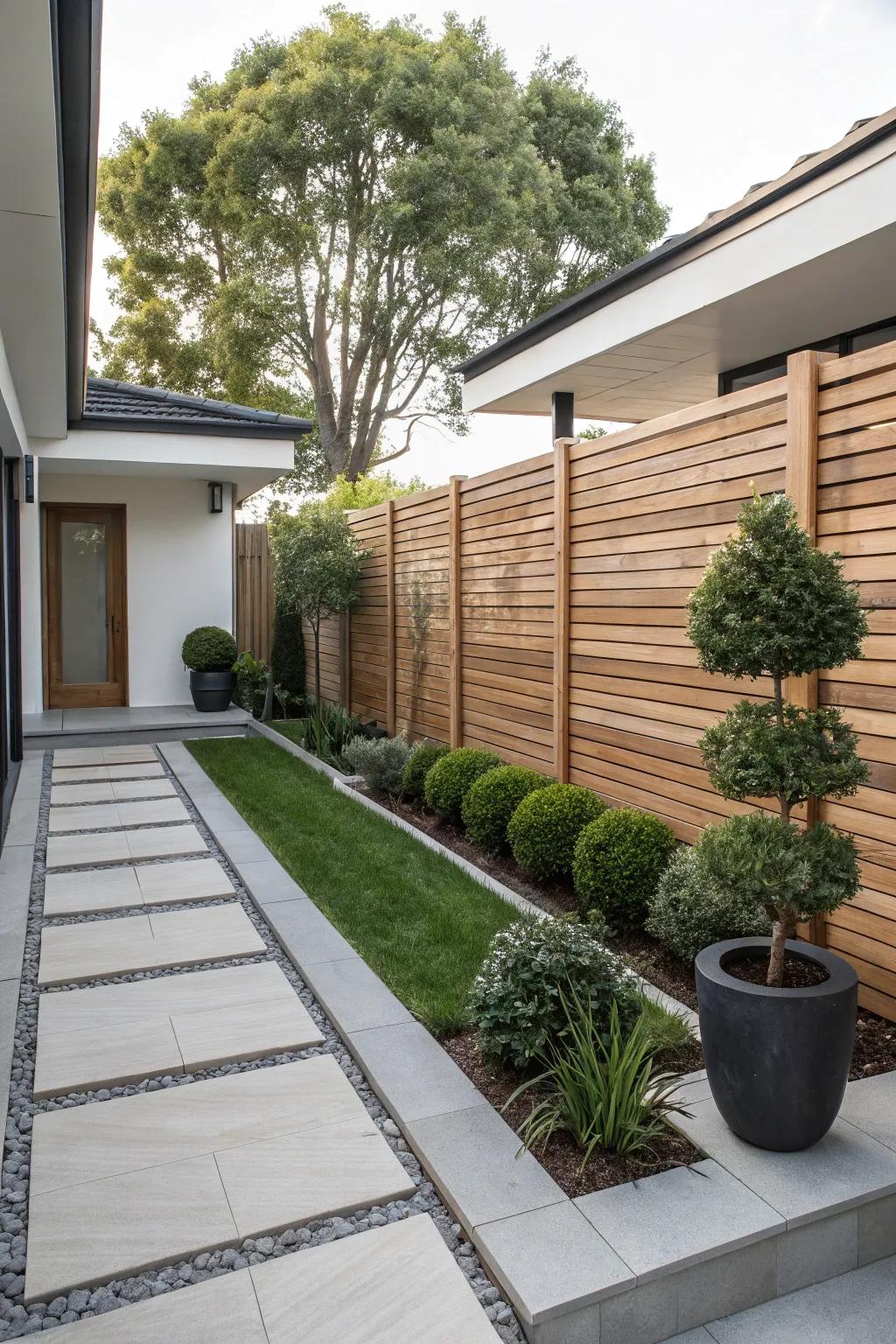 A sleek horizontal slat barrier complements the understated elegance of this front yard.